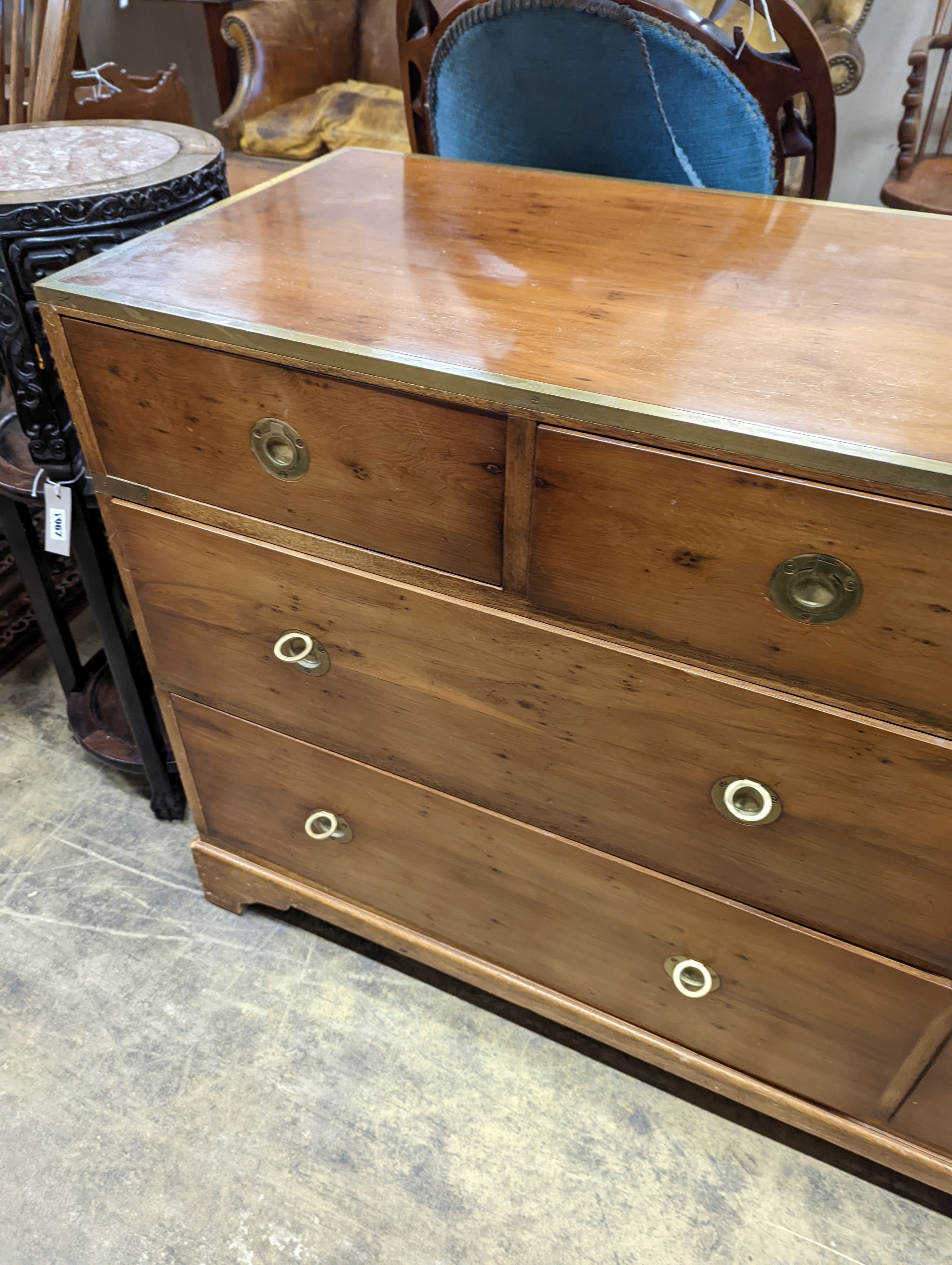 A reproduction brass mounted Military style yew veneered chest, width 153cm depth 46cm height 78cm